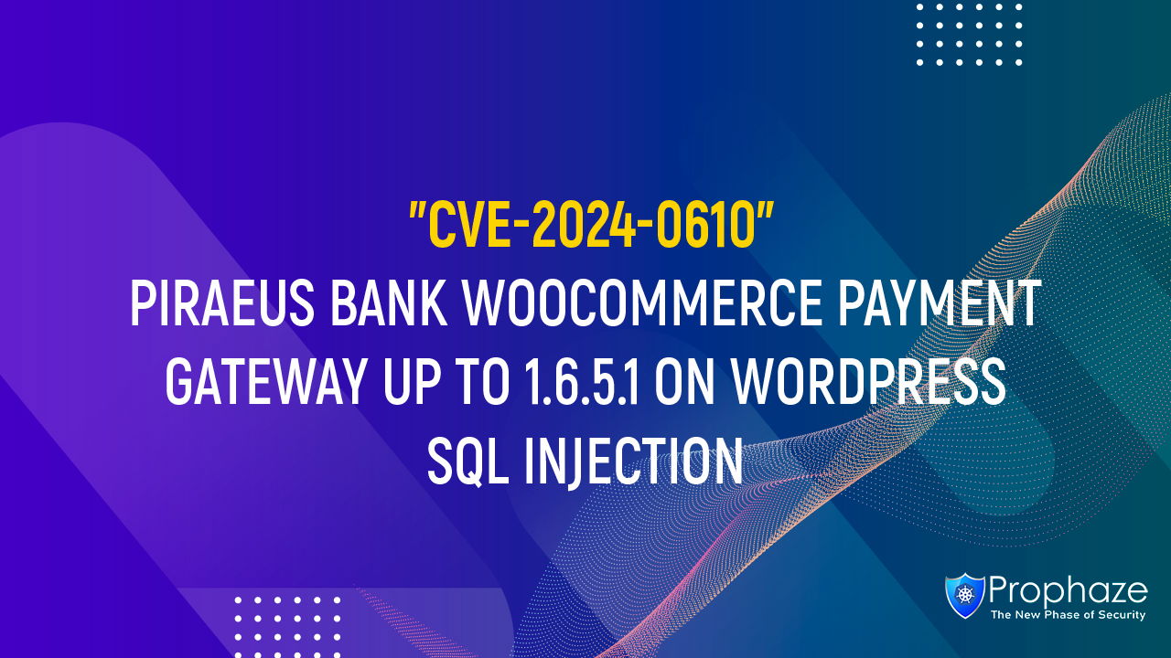 CVE-2024-0610 : PIRAEUS BANK WOOCOMMERCE PAYMENT GATEWAY UP TO 1.6.5.1 ON WORDPRESS SQL INJECTION